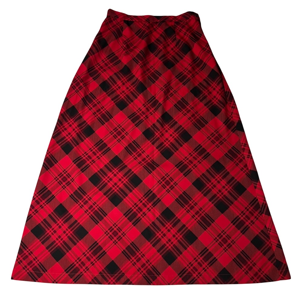 Coldwater Creek Red Black Plaid Maxi Skirt Petite Small A-Line Elastic Waist P/S